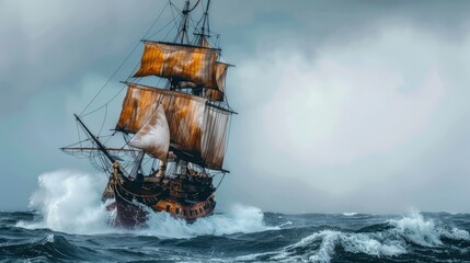 art illustration of big ancient pirate ship sailing on rough sea,