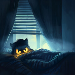 Wall Mural - A cartoon depiction of fear, a shadowy monster with glowing yellow eyes emerging from under a child’s bed, child peeking over covers with wide eyes