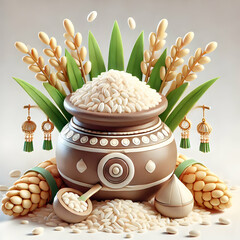 Wall Mural - 3D Pongal Pot Overflowing Rice Sugarcane Symbolizing Prosperity Abundance Macro Close Up