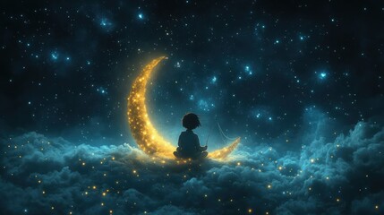 Wall Mural - A serene scene of a child sitting on a glowing crescent moon in a starry night sky.