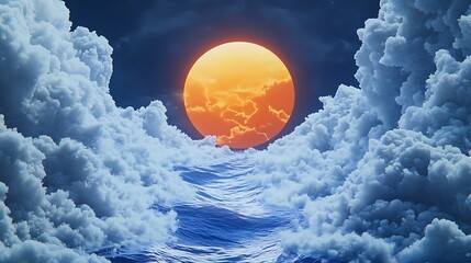 Wall Mural - Orange Moon Above a Sea of Clouds and Waves