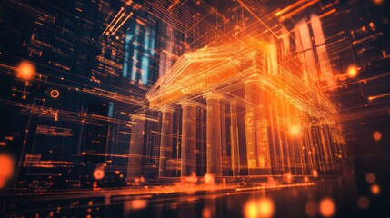 Fototapete - A digital representation of a classical building surrounded by glowing data streams.