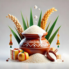 Wall Mural - 3D Pongal Pot Overflowing Rice Sugarcane Symbolizing Prosperity Abundance Macro Shot White Background