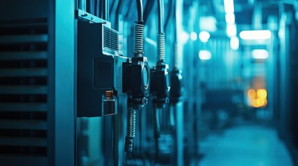 Fototapete - A dimly lit corridor of servers and equipment in a data center or industrial facility.