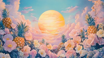 Wall Mural - Pineapples Flowers and a Pastel Sunset Sky