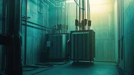 Aufkleber - A dimly lit industrial space with machinery and cables, suggesting a technical environment.