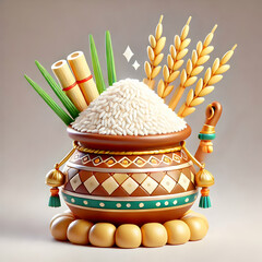 Wall Mural - 3D Pongal Prosperity Close up concept as Close up of Pongal pot overflowing with rice and sugarcane symbolizing prosperity and abundance captured in a realistic macro environment with copy space. as 3