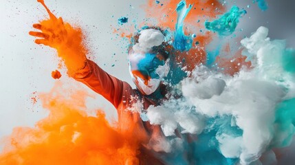 Aufkleber - A dynamic scene of vibrant colors exploding around a figure, conveying energy and creativity.