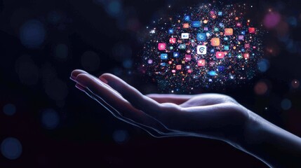 A hand holds a glowing array of social media icons and digital elements, symbolizing the influence of technology and connectivity in modern life.