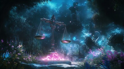 Canvas Print - Enchanting Scales Of Justice In A Mystical Forest