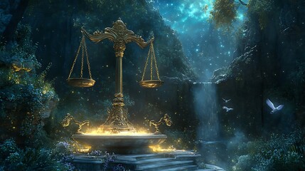 Wall Mural - Golden Scales of Justice in a Mystical Forest