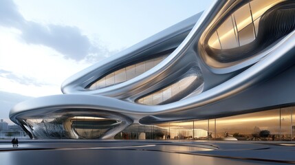 Aufkleber - A futuristic architectural design featuring smooth, flowing lines and large glass windows.
