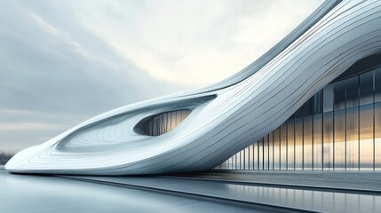 Aufkleber - A futuristic building with flowing lines and large glass windows, emphasizing modern architecture.