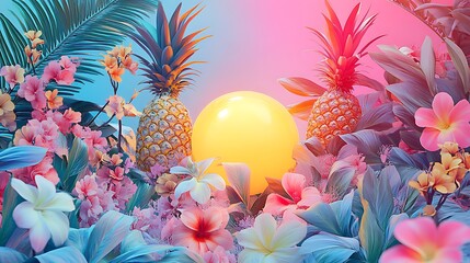 Wall Mural - Tropical Paradise Pineapples Flowers And Sunset Glow