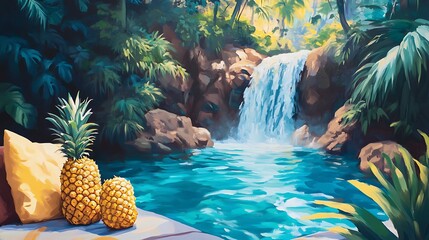 Sticker - Tropical Waterfall Scene With Pineapples Resting Peacefully