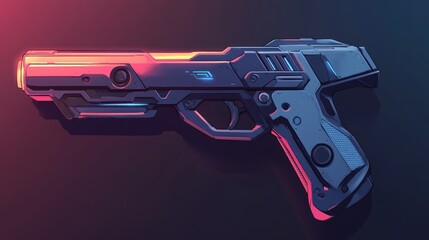 Poster - A futuristic, stylized handgun with neon accents against a dark background.