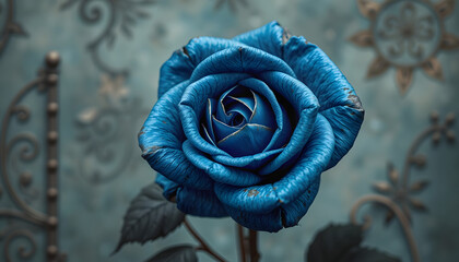 Wall Mural - blue rose , old , background, generative, ai, steampunk style, vintage, 8k, with white tones