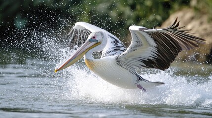 Sticker - Pelican Taking Off from Water with Splashing Water Drops