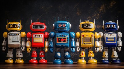 Poster - A lineup of colorful vintage-style toy robots on a wooden surface against a dark background.