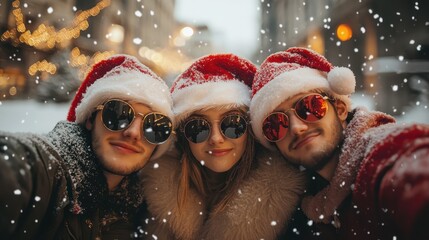 Wall Mural - Three friends in Santa hats and sunglasses share a festive pose.