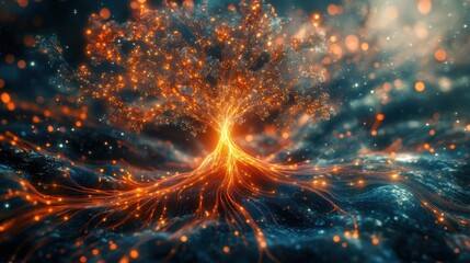 Wall Mural - glowing seed sprouting with radiant roots and branches symbolizing growth of visionary ideas