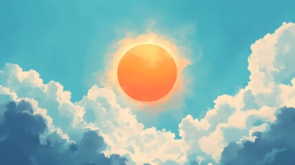 Wall Mural - Orange Sun Behind Fluffy White Clouds in a Blue Sky