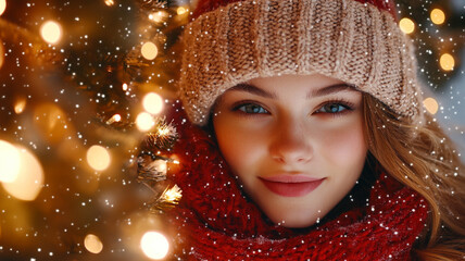 Cheerful young woman enjoying winter festivities with snow and lights around her