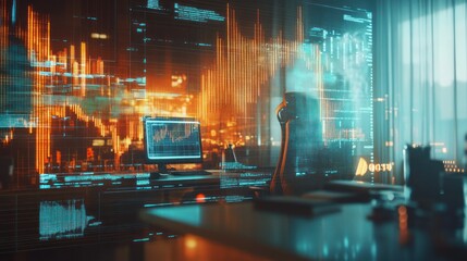 Fototapete - A modern workspace featuring data visualizations and a computer setup for analysis.