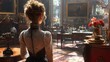 © peppastocker - elegant woman from the Victorian era standing in a richly decorated parlor. AI generative.