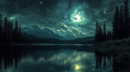 Wall Mural - night lake landscape astronomy.