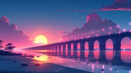 Wall Mural - Serene sunset over arched bridge reflecting in calm water.