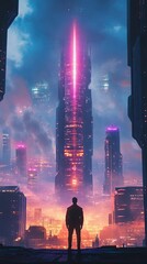 Canvas Print - Man Silhouetted Against Futuristic Cityscape At Dusk