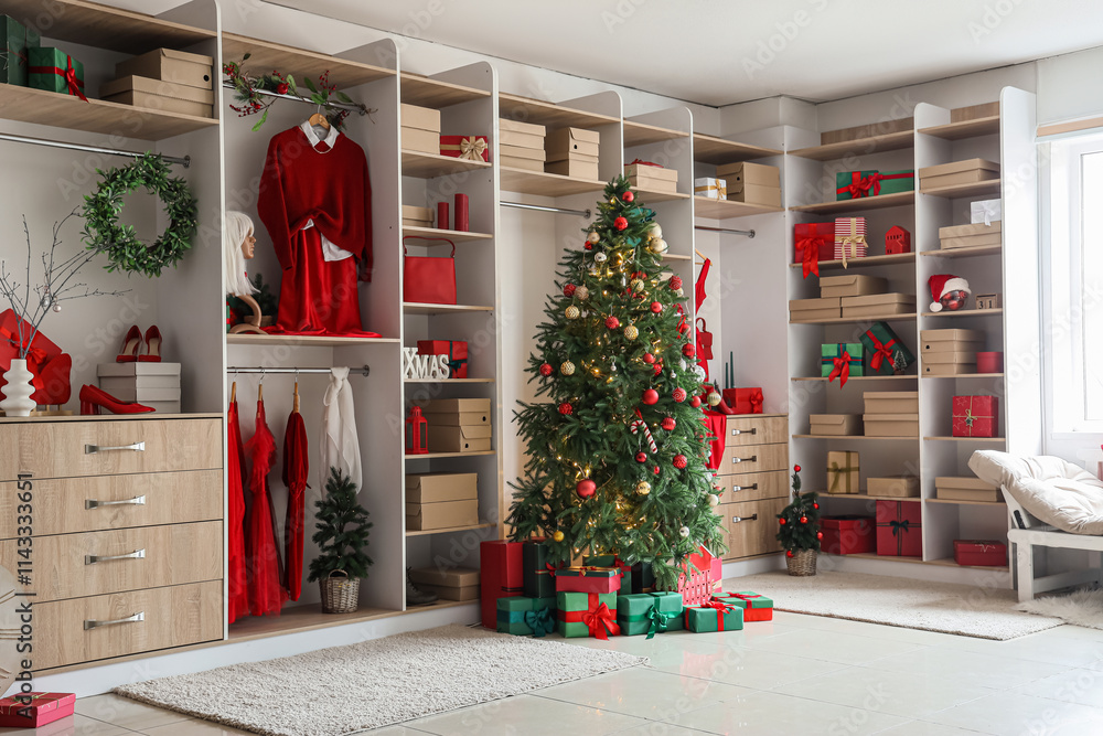 Modern wardrobe with stylish festive clothes, gift boxes and Christmas tree