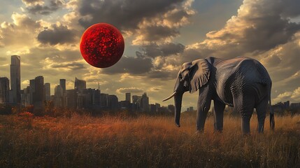 Sticker - Elephant in Field Before Cityscape and Red Orb