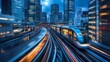 © DudeDesignStudio - A dynamic urban scene showcasing a train traveling through a cityscape at dusk.