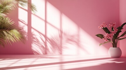 Poster - A serene pink interior with shadows and a potted plant, creating a calming atmosphere.