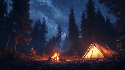 Wall Mural - Nighttime Campsite Featuring a Campfire and Tent Under Stars