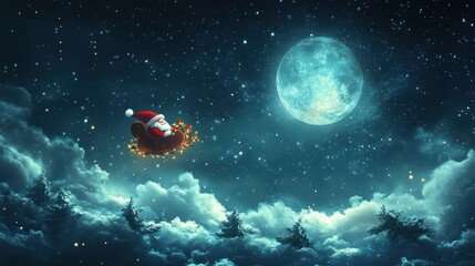 Wall Mural - santa flying over night sky. marry christmas and happy holiday