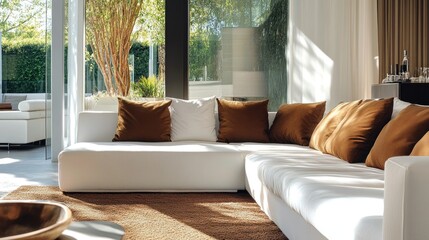 Wall Mural - Modern White Sectional Sofa with Brown Pillows in a Sunlit Room