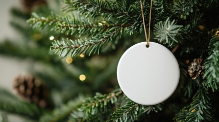 White flat ornament mock up. Plain white flat circle ceramic christmas ornament with a gold string, on christmas tree background