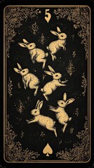 Wall Mural - Five Golden Rabbits Dance Amidst Dark Floral Decor