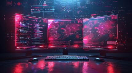 Three monitors displaying world map, code, and data analytics in a dark room.
