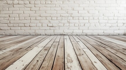 Wall Mural - an empty room with a wooden floor and white brick walls