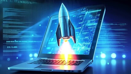 Launching Innovation: A silver rocket ship bursts from a laptop screen, symbolizing rapid technological advancement and the dynamic energy of a tech startup.  