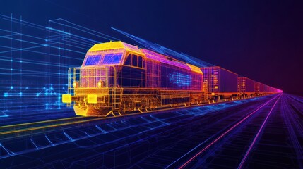 Wall Mural - Freight Train in a Neon Wireframe