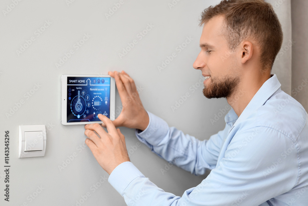 Young man using smart home control panel on light wall in room