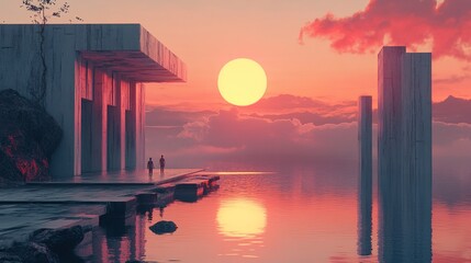 Canvas Print - Sunset Serenity: Minimalist Architecture by the Ocean