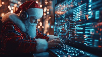 Close-up shot of employe computer screen with Santa Claus typing complex password on keyboard. Futuristic background with artificial intelligence. Banner. Generative Ai content