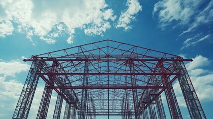 Aufkleber - A skeletal framework of a building under a bright blue sky with scattered clouds.