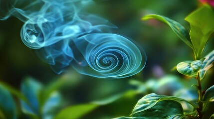 Poster - A swirling blue smoke spiral above lush green foliage, creating a mystical atmosphere.